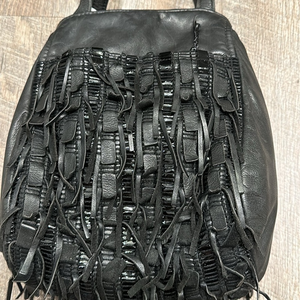 East West designs, Narda collection black leather/fringe hobo shoulder bag purse - Picture 2 of 11